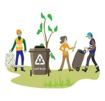 Eco friendly people garbage collector.Man with waste.People sort garbage by type into containers for recycling. Ecology concept. Flat vector illustration. Care garbage separation people sorting.