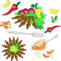 nacional cocina horneando menú platos desde vegetales y pescado restaurante cocina. un conjunto menú de delicioso platos de tradicional o nacional cocina en un plano dibujos animados dibujado a mano ilustración modelo. vector