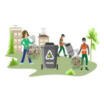 Eco friendly people garbage collector.Man with waste.People sort garbage by type into containers for recycling. Ecology concept. Flat vector illustration. Care garbage separation people sorting.