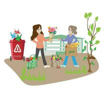 Eco friendly people garbage collector.Man with waste.People sort garbage by type into containers for recycling. Ecology concept. Flat vector illustration. Care garbage separation people sorting.