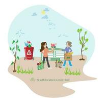 Eco friendly people garbage collector.Man with waste.People sort garbage by type into containers for recycling. Ecology concept. Flat vector illustration. Care garbage separation people sorting.