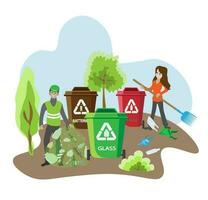 Eco friendly people garbage collector.Man with waste.People sort garbage by type into containers for recycling. Ecology concept. Flat vector illustration. Care garbage separation people sorting.