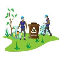 Eco friendly people garbage collector.Man with waste.People sort garbage by type into containers for recycling. Ecology concept. Flat vector illustration. Care garbage separation people sorting.