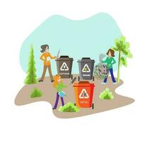 Eco friendly people garbage collector.Man with waste.People sort garbage by type into containers for recycling. Ecology concept. Flat vector illustration. Care garbage separation people sorting.