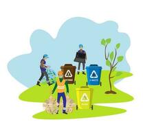 Eco friendly people garbage collector.Man with waste.People sort garbage by type into containers for recycling. Ecology concept. Flat vector illustration. Care garbage separation people sorting.