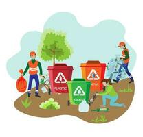 Eco friendly people garbage collector.Man with waste.People sort garbage by type into containers for recycling. Ecology concept. Flat vector illustration. Care garbage separation people sorting.