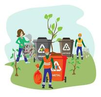 Eco friendly people garbage collector.Man with waste.People sort garbage by type into containers for recycling. Ecology concept. Flat vector illustration. Care garbage separation people sorting.