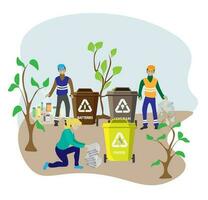 Eco friendly people garbage collector.Man with waste.People sort garbage by type into containers for recycling. Ecology concept. Flat vector illustration. Care garbage separation people sorting.