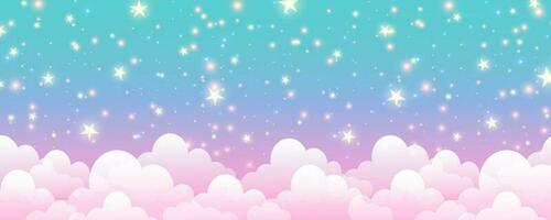 Cloudy sky background. Unicorn fantasy pastel galaxy. Rainbow cute wallpaper. Fluffy magic pink landscape. Vector illustration