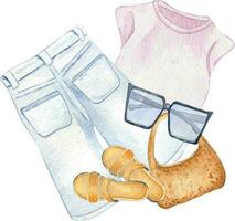 composición de camiseta, bermudas, bolsa, zapatos, Gafas de sol acuarela ilustración aislado en blanco. mujer verano atuendo mano dibujado. diseño para comercio, venta, revista, embalaje, escaparate, modelo vector