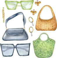 Set of woman's summer accessories watercolor illustration isolated on white. Beach style of bags, earrings and sunglasses hand drawn. Design for shop, sale, magazine, packaging, showcase, pattern vector