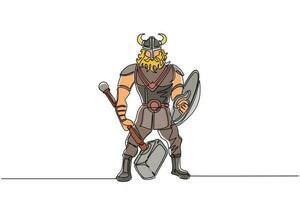 dibujo de una sola línea hombre guerrero vikingo en casco con cuernos sosteniendo martillo y escudo. personaje de dibujos animados masculino con arma de pie en pose beligerante. ilustración de vector de diseño de dibujo de línea continua
