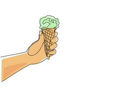 Single continuous line drawing hand holding tasty ice cream in waffle cone. Chilled summer dessert food. White ice cream in waffle cup. For restaurant or cafe drink menu. One line draw design vector