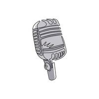 Single continuous line drawing retro vintage microphone vector on white background. Mic silhouette. Music, voice, record icon logo. Recording studio symbol. One line draw design vector illustration