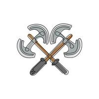 Single continuous line drawing two crossed broad axe, medieval axe, battle axe, executioner axe. Element for woodworking or lumberjack emblem or icon. One line draw graphic design vector illustration