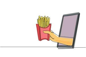 Single continuous line drawing hand holding french fries in paper box through mobile phone. Concept of restaurant order delivery online food. App for smartphones. One line draw graphic design vector