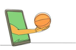 la mano del jugador de dibujo de una sola línea continua sostiene la pelota de baloncesto a través del teléfono móvil. teléfono inteligente con aplicación de baloncesto. campeonato de transmisión de deportes móviles. ilustración de vector de diseño de dibujo de una línea