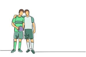 Continuous one line drawing two soccer players embrace each other. Two friendly walking together after match finished. Male soccer players celebrating goal with hug. Single line draw design vector