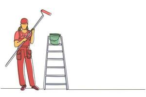 Continuous one line drawing painter woman in overalls with a painting roller, with bucket and ladder. Room painter. Handywoman. Construction worker. Single line draw design vector graphic illustration