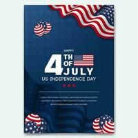 US Independence Day 4th July poster with waving flag and balloons illustration vector