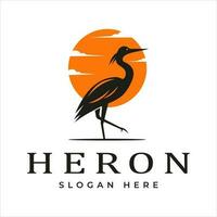 Illustration of a crane standing under the moon with a beautiful sky filled with soft light. heron logo design vector