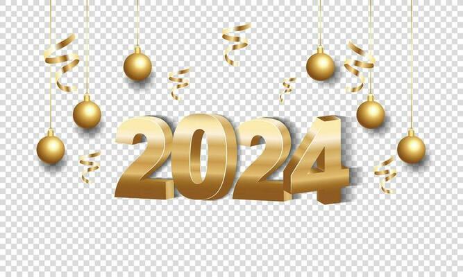 Happy new year 2024. 3d gold numbers with golden Christmas decoration and  confetti on dark background. Holiday greeting card design. 21635540 Vector  Art at Vecteezy