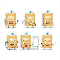 médico profesión emoticon con marrón espiral cuadernos dibujos animados personaje vector