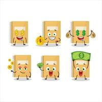 marrón espiral cuadernos dibujos animados personaje con linda emoticon traer dinero vector