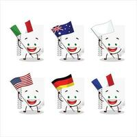 Spiral blank white notebooks cartoon character bring the flags of various countries vector