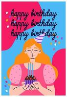 Birthday greeting card with young woman blow out candles on the cupcake. Confetti on background. Birthday party, celebration, congratulations, invitation concept. vector