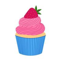 Sweet vanilla cupcake decorated with whipped cream and strawberry. Flat vector illustration isolated on white background.