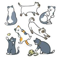 Flat, minimal vector illustration of cats in different poses, with outline style character design.