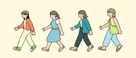 An illustration shows characters of people walking down the street. Young girls and men are depicted in a side view, walking while isolated on a white background. vector