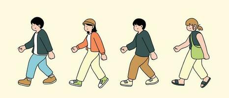 An illustration shows characters of people walking down the street. Young girls and men are depicted in a side view, walking while isolated on a white background. vector