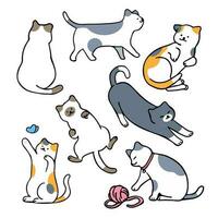 Flat, minimal vector illustration of cats in different poses, with outline style character design.