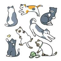 Flat, minimal vector illustration of cats in different poses, with outline style character design.