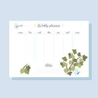 Printable weekly planner concept with green gooseberry plant illustration, vector