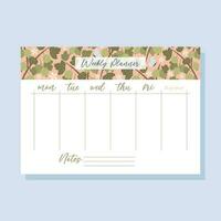 Printable weekly planner concept with green gooseberry plant illustration, vector