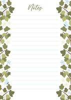 Printable notes concept with green gooseberry plant illustration, vector