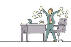 Continuous one line drawing happy businessman, company leader or office worker throwing documents in air, enjoying business success while sitting at workplace. Single line draw design vector graphic