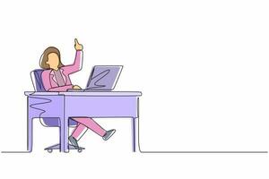 Continuous one line drawing businesswoman getting bright new idea while working with laptop on desk. Female manager working with computer at desk. People get idea. Single line design vector graphic