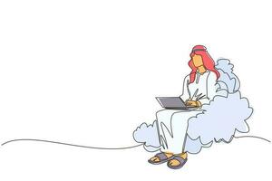 Single continuous line drawing Arab businessman sitting on cloud in sky, working with laptop. Wireless connection. Social networking, chatting using cloud storage. One line draw graphic design vector