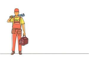 Continuous one line drawing man plumber holding wrench and tools box in hands stands isolated. Professional serviceman character in uniform ready for work. Single line draw design vector illustration