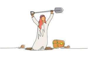 Single one line drawing Arabian businessman in hole prancing happily while lifting shovel with both hands and finding treasure chest. Lucky rich man. Continuous line design graphic vector illustration