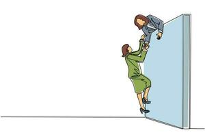 Single continuous line drawing businesswoman helping another businesswoman climb wall. Confident successful leading businesswoman helping another one to get over brick wall. One line design vector