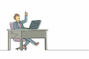 Single one line drawing businessman getting bright new idea while working with laptop on desk. Male manager working with computer at desk. People get idea. Modern continuous line draw design vector