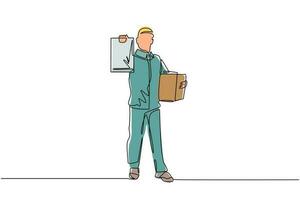 Single continuous line drawing happy delivery man with parcel post box and clipboard. Delivery employee service with big box. Shipping concept. Dynamic one line draw graphic design vector illustration