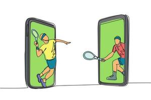 Single continuous line drawing two tennis players comes out from cellular phone ready to play. Two men tennis players in tennis court and one serving tennis ball isolated. One line draw design vector