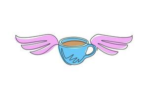 Single one line drawing cup of coffee with wings. Idea for advertising coffee drinks, business card, branding and corporate identity. Modern continuous line draw design graphic vector illustration