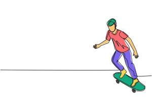 dibujo de una sola línea joven montando monopatín. patinador masculino con estilo en ropa casual. chico se mueve por la ciudad, actividades al aire libre, disfruta de pasatiempos. ilustración de vector de diseño de dibujo de línea continua